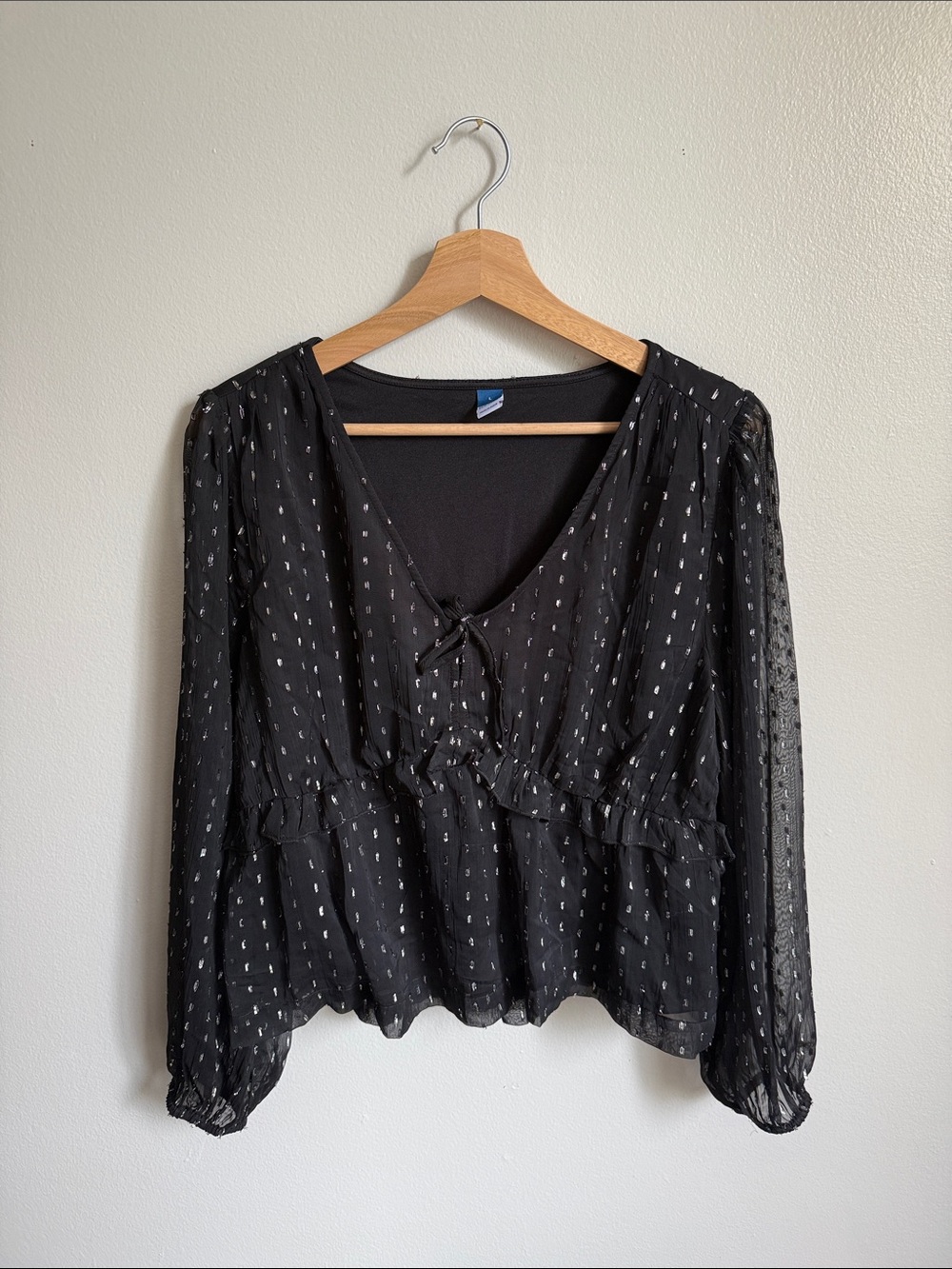 Old Navy Black Sheer Peasant Blouse with Silver Dot Accents